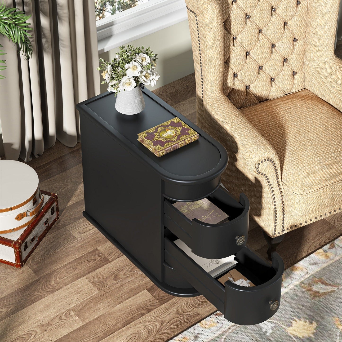 Tavolino da comodino in legno massello, tavolino laterale sottile con due cassetti.