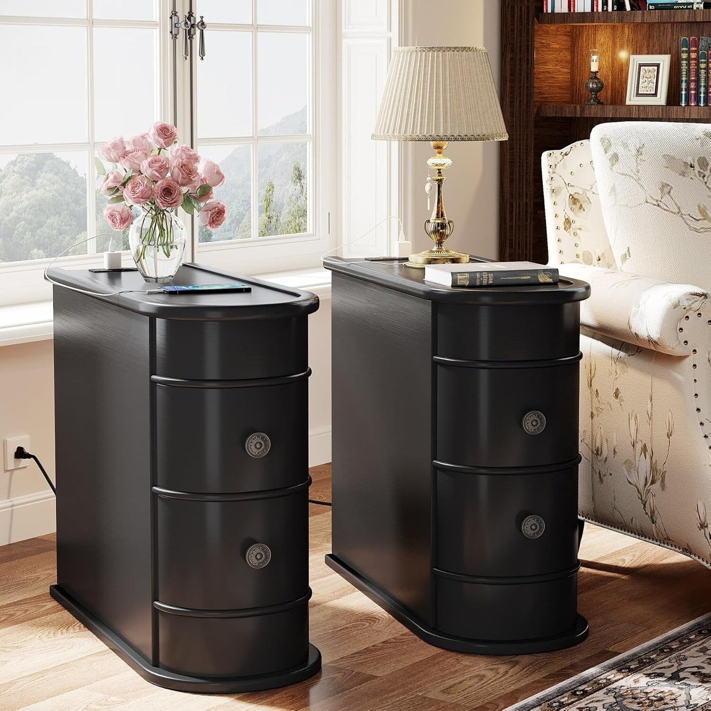 Tavolino da comodino in legno massello, tavolino laterale sottile con due cassetti.