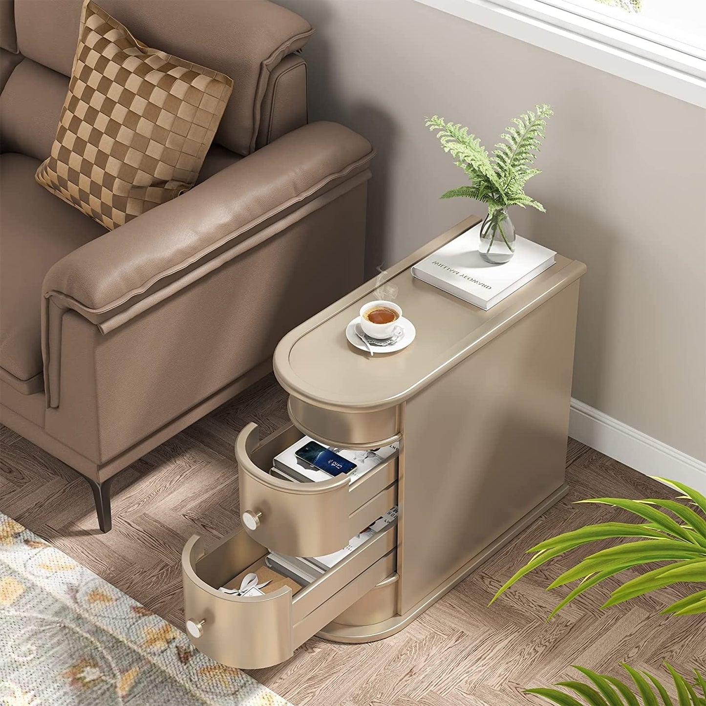 Tavolino da comodino in legno massello, tavolino laterale sottile con due cassetti.