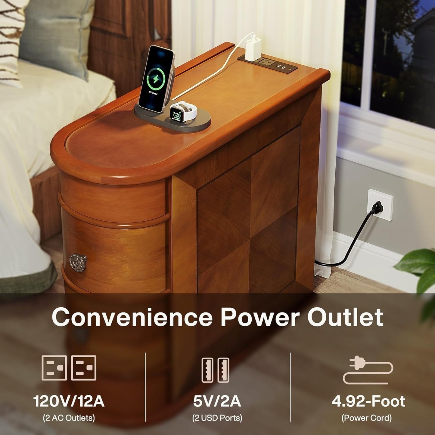 Tavolino da comodino in legno massello, tavolino laterale sottile con due cassetti.