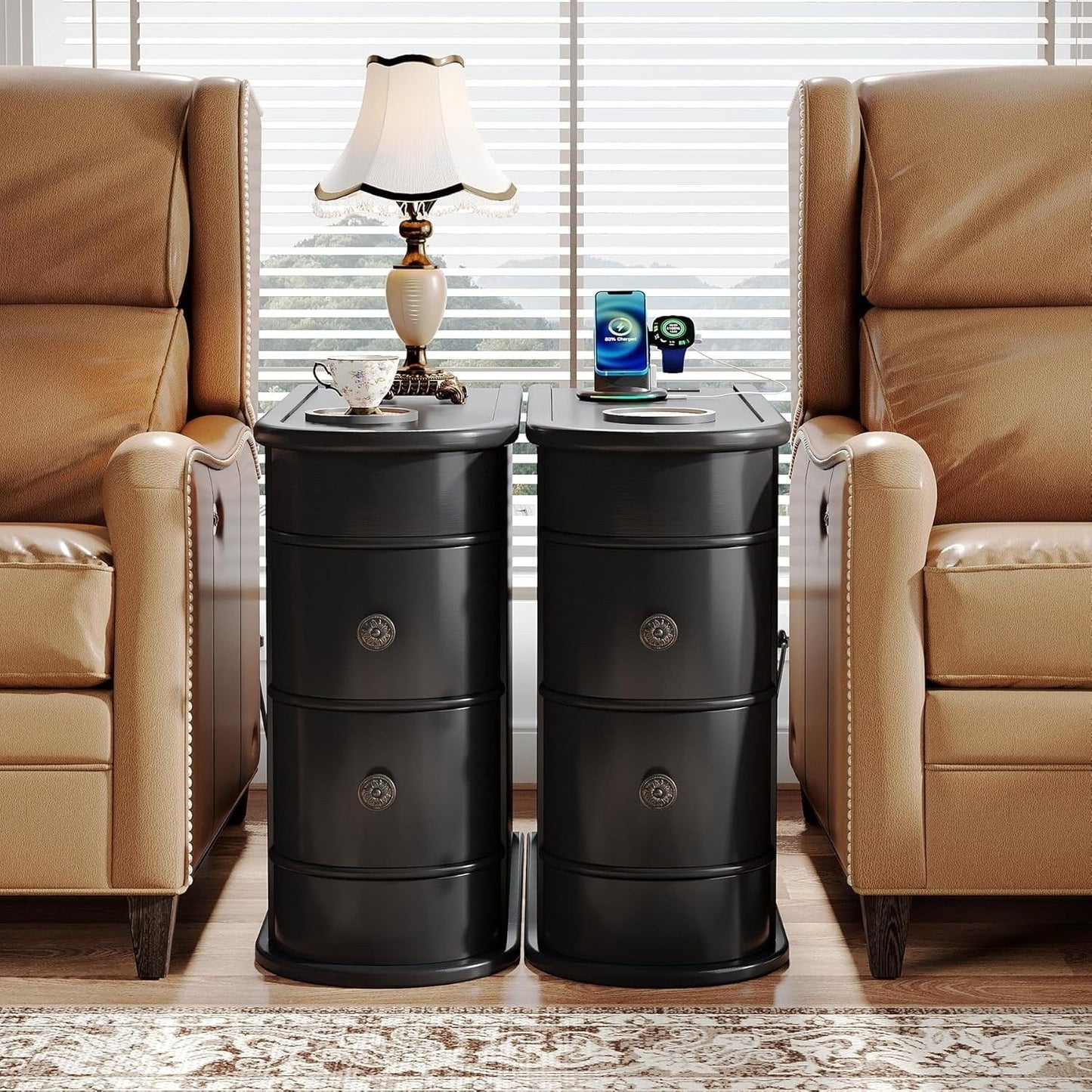 Tavolino da comodino in legno massello, tavolino laterale sottile con due cassetti.