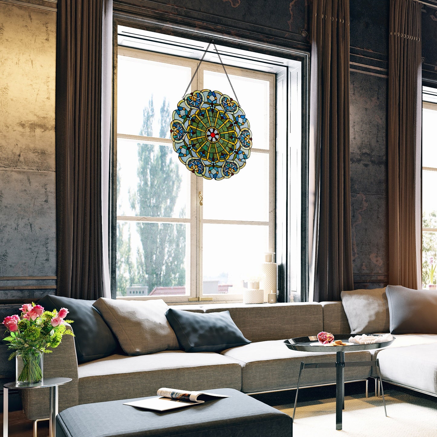 Pannello a finestra in vetro colorato vittoriano da 22 pollici di River of Goods