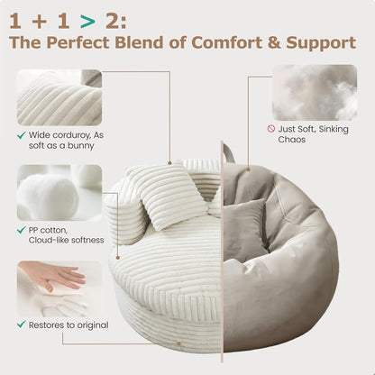 WOWMAX 47 Round Chaise Lounge Chair Indoor, Upholstered Corduroy Floor Sofa Oversized Sleeper Chair with 2 Throw Pillows