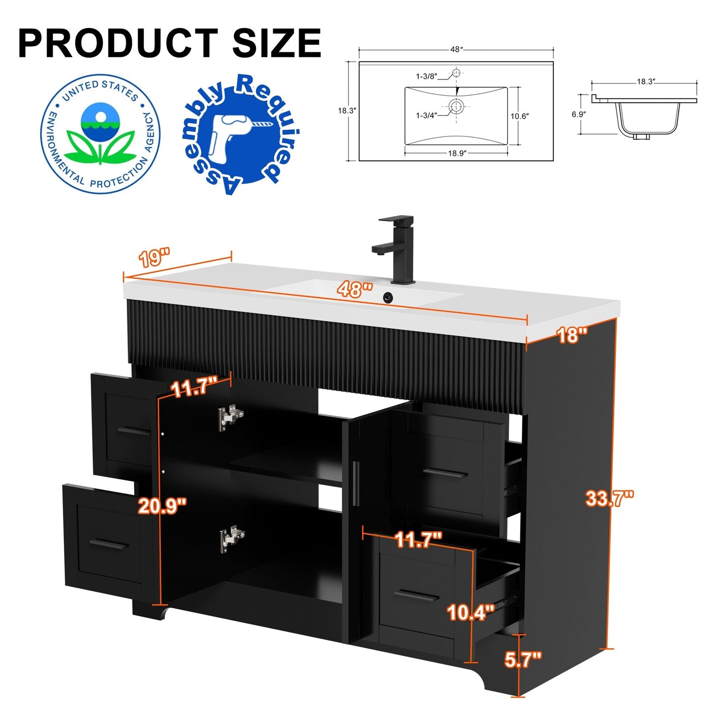 Set per bagno Wavy Line con mobile lavabo e miscelatore, disponibile nelle misure 30/36/48 pollici.