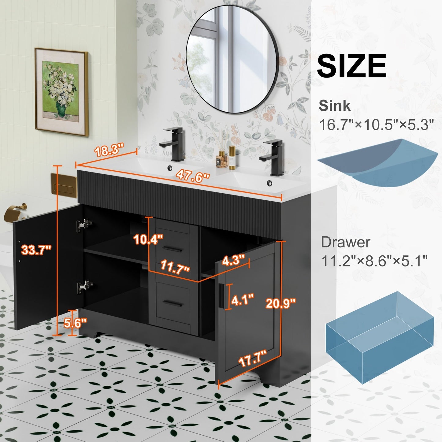 Set per bagno Wavy Line con mobile lavabo e miscelatore, disponibile nelle misure 30/36/48 pollici.