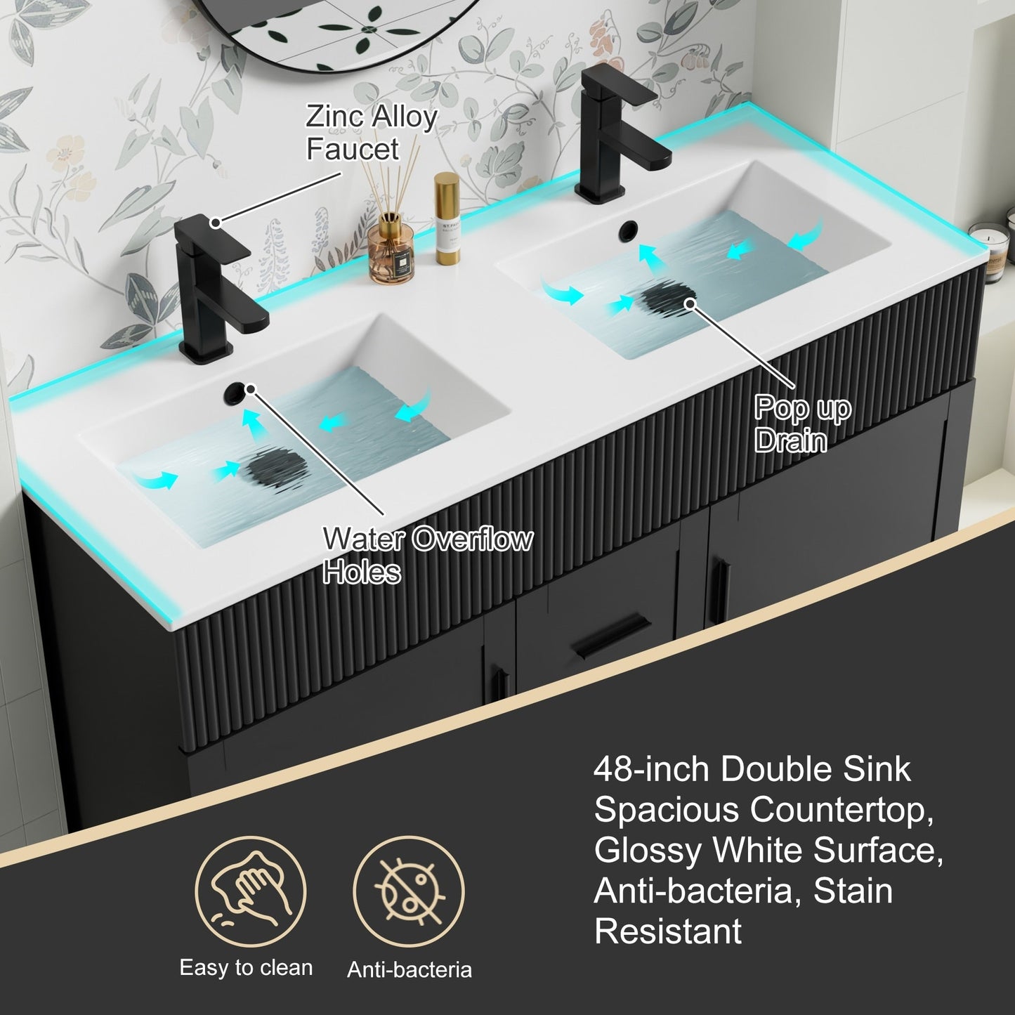 Set per bagno Wavy Line con mobile lavabo e miscelatore, disponibile nelle misure 30/36/48 pollici.