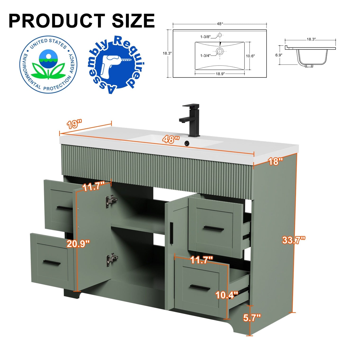 Set per bagno Wavy Line con mobile lavabo e miscelatore, disponibile nelle misure 30/36/48 pollici.