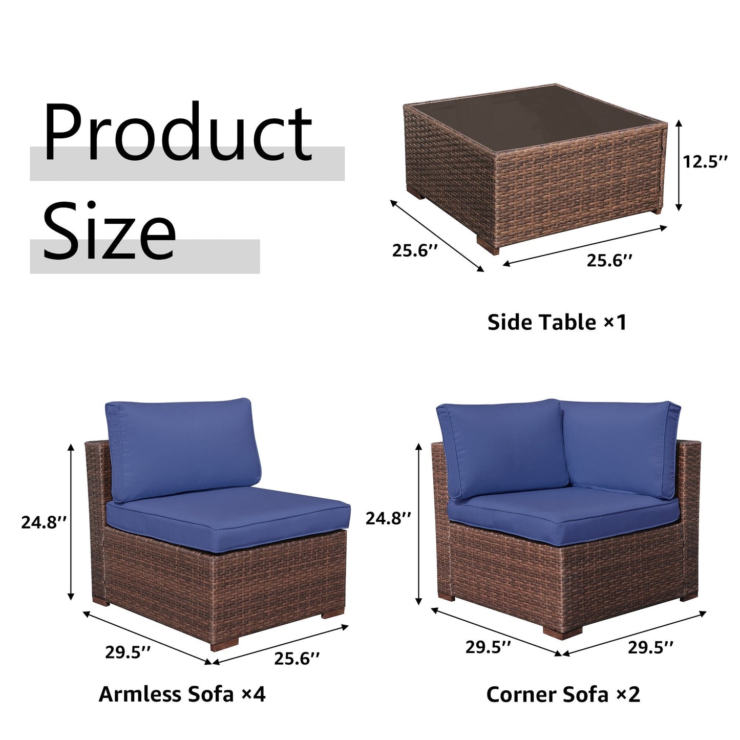 Set di divani componibili da esterno in vimini/acciaio con cuscini, 7 pezzi