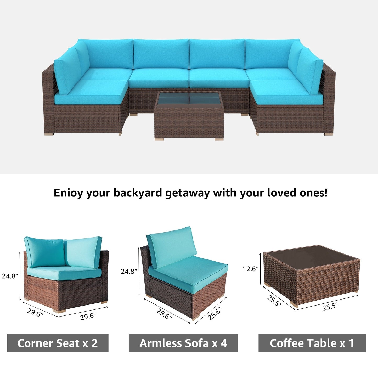 Set di divani componibili da esterno in vimini/acciaio con cuscini, 7 pezzi