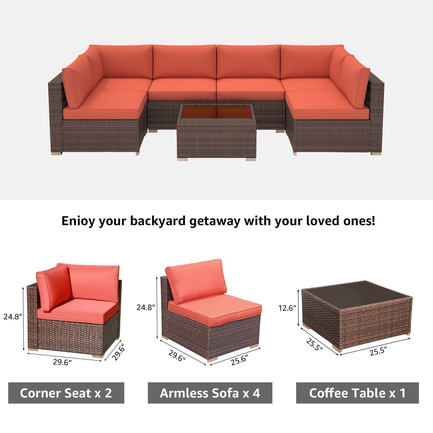 Set di divani componibili da esterno in vimini/acciaio con cuscini, 7 pezzi