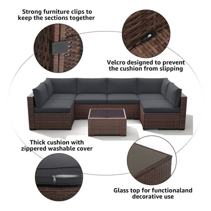 Set di divani componibili da esterno in vimini/acciaio con cuscini, 7 pezzi