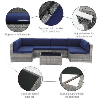 Set di divani componibili da esterno in vimini/acciaio con cuscini, 7 pezzi