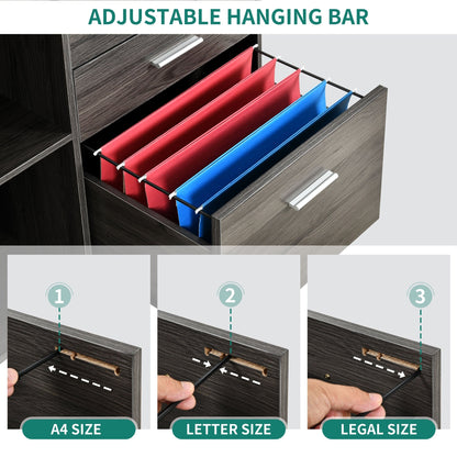 Cassettiera in legno con stazione di ricarica, mobile, a scomparti laterali, chiudibile a chiave, adatta per documenti di formato A4, lettera e legale.