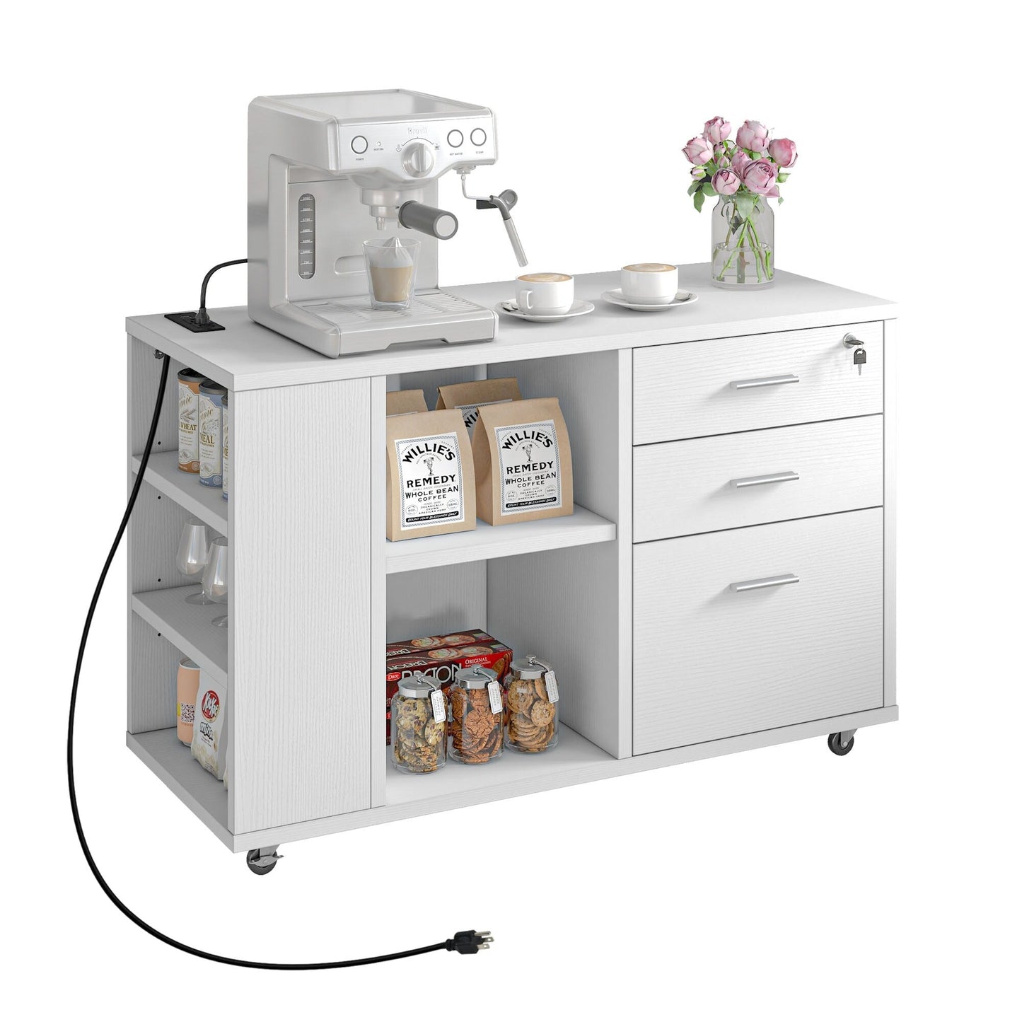 Cassettiera in legno con stazione di ricarica, mobile, a scomparti laterali, chiudibile a chiave, adatta per documenti di formato A4, lettera e legale.