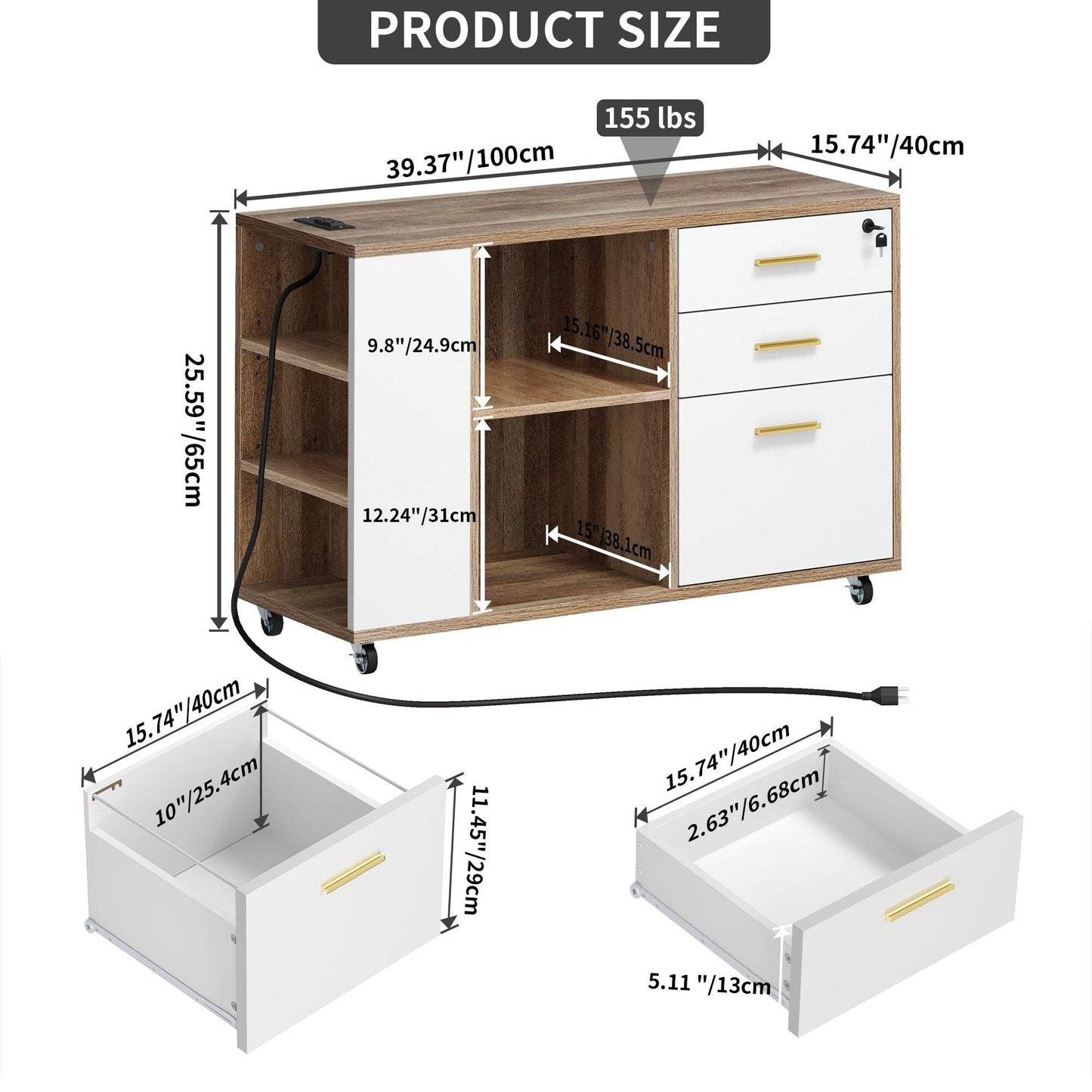 Cassettiera in legno con stazione di ricarica, mobile, a scomparti laterali, chiudibile a chiave, adatta per documenti di formato A4, lettera e legale.