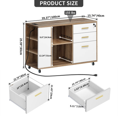 Cassettiera in legno con stazione di ricarica, mobile, a scomparti laterali, chiudibile a chiave, adatta per documenti di formato A4, lettera e legale.