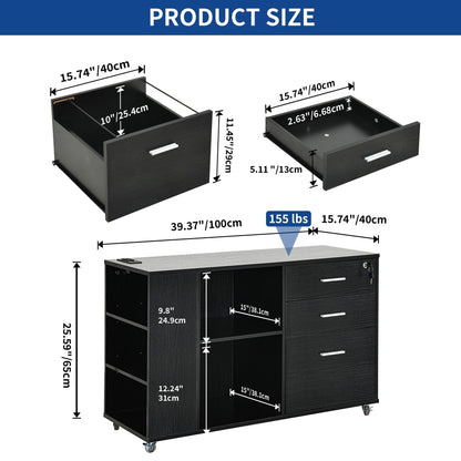 Cassettiera in legno con stazione di ricarica, mobile, a scomparti laterali, chiudibile a chiave, adatta per documenti di formato A4, lettera e legale.