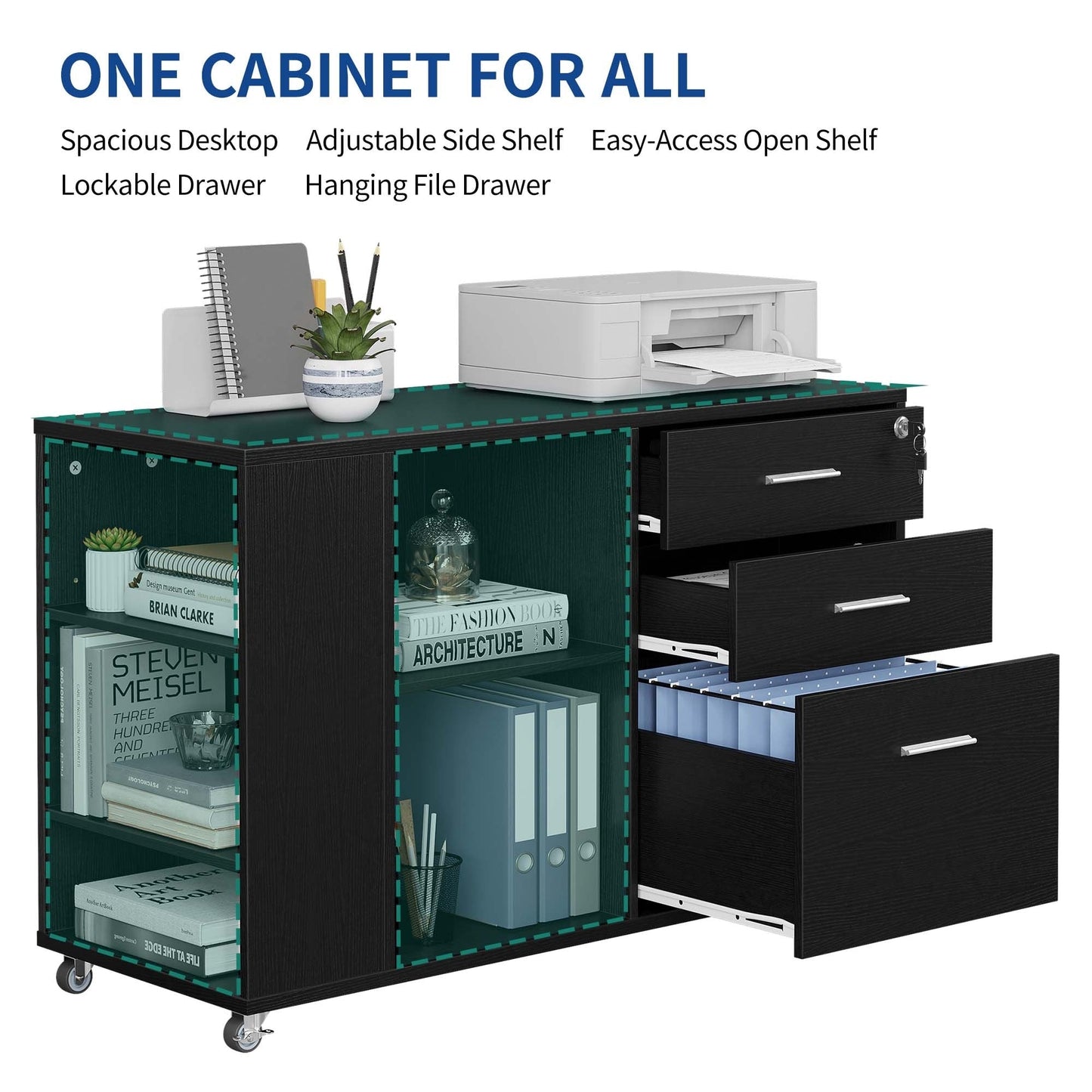 Cassettiera in legno con stazione di ricarica, mobile, a scomparti laterali, chiudibile a chiave, adatta per documenti di formato A4, lettera e legale.