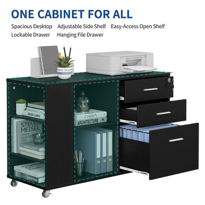 Cassettiera in legno con stazione di ricarica, mobile, a scomparti laterali, chiudibile a chiave, adatta per documenti di formato A4, lettera e legale.