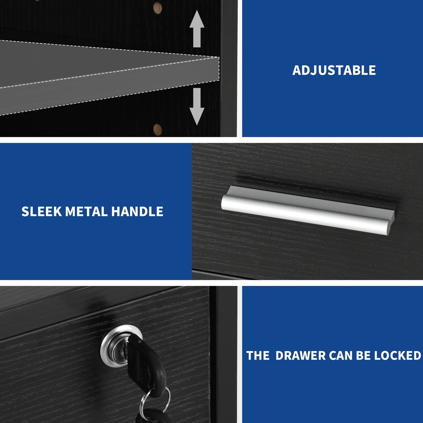 Cassettiera in legno con stazione di ricarica, mobile, a scomparti laterali, chiudibile a chiave, adatta per documenti di formato A4, lettera e legale.