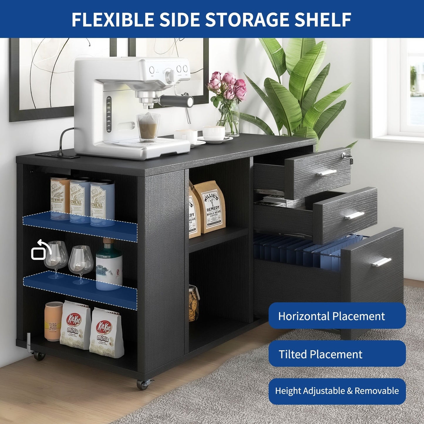 Cassettiera in legno con stazione di ricarica, mobile, a scomparti laterali, chiudibile a chiave, adatta per documenti di formato A4, lettera e legale.