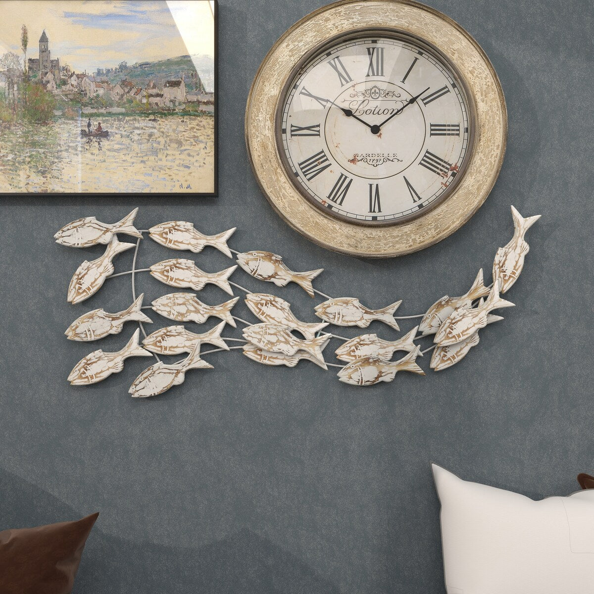 Decorazione murale per la casa a forma di pesce in legno, realizzata a mano, con effetto anticato marrone - Bianco - Roche River Decor