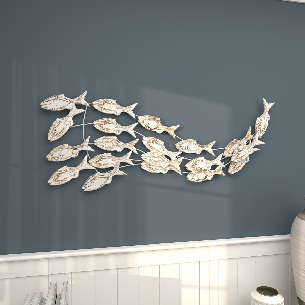 Decorazione murale per la casa a forma di pesce in legno, realizzata a mano, con effetto anticato marrone - Bianco - Roche River Decor