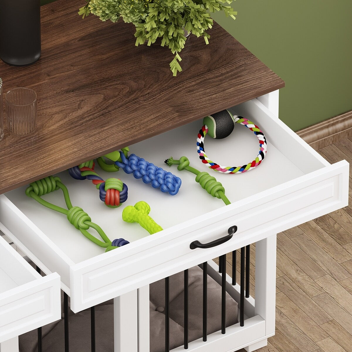 Casetta per cani in legno doppia con mobile contenitore, 2 cassetti e divisorio.