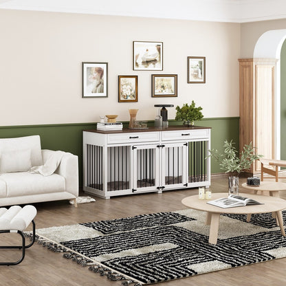 Casetta per cani in legno doppia con mobile contenitore, 2 cassetti e divisorio.