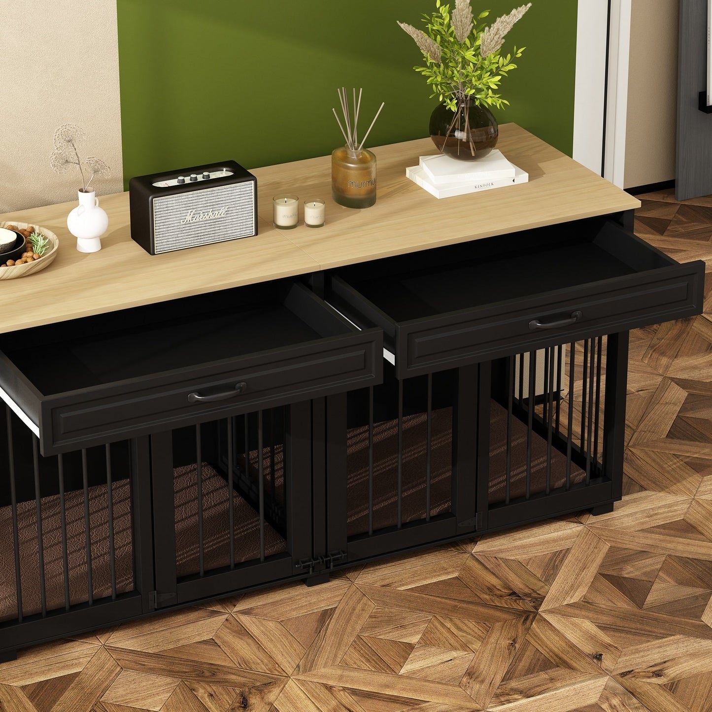 Casetta per cani in legno doppia con mobile contenitore, 2 cassetti e divisorio.