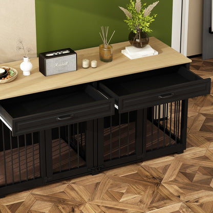 Casetta per cani in legno doppia con mobile contenitore, 2 cassetti e divisorio.