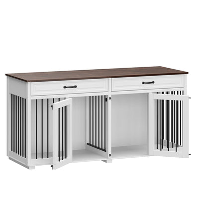 Casetta per cani in legno doppia con mobile contenitore, 2 cassetti e divisorio.