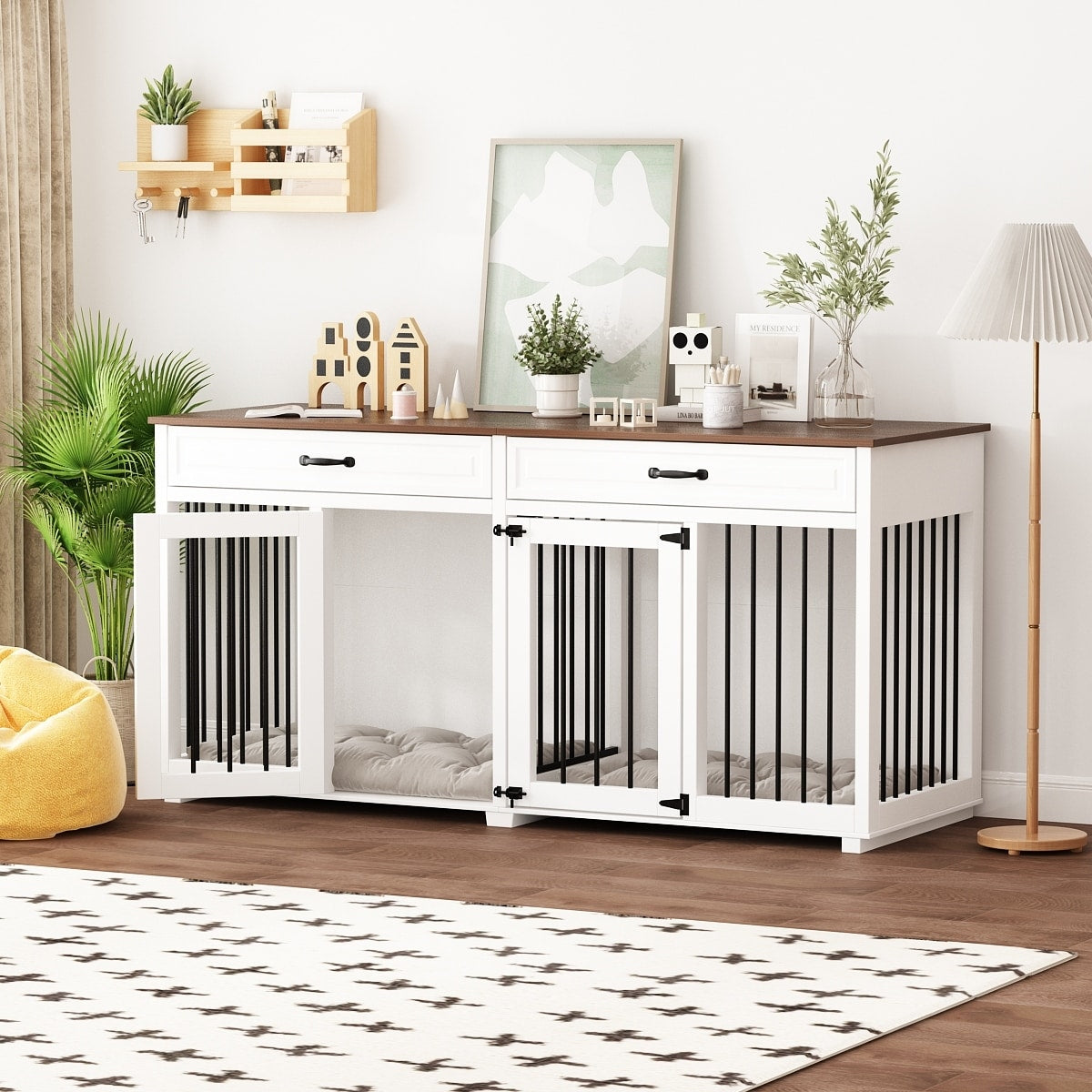 Casetta per cani in legno doppia con mobile contenitore, 2 cassetti e divisorio.