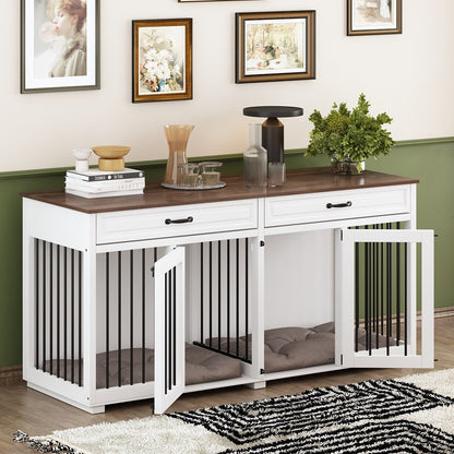 Casetta per cani in legno doppia con mobile contenitore, 2 cassetti e divisorio.