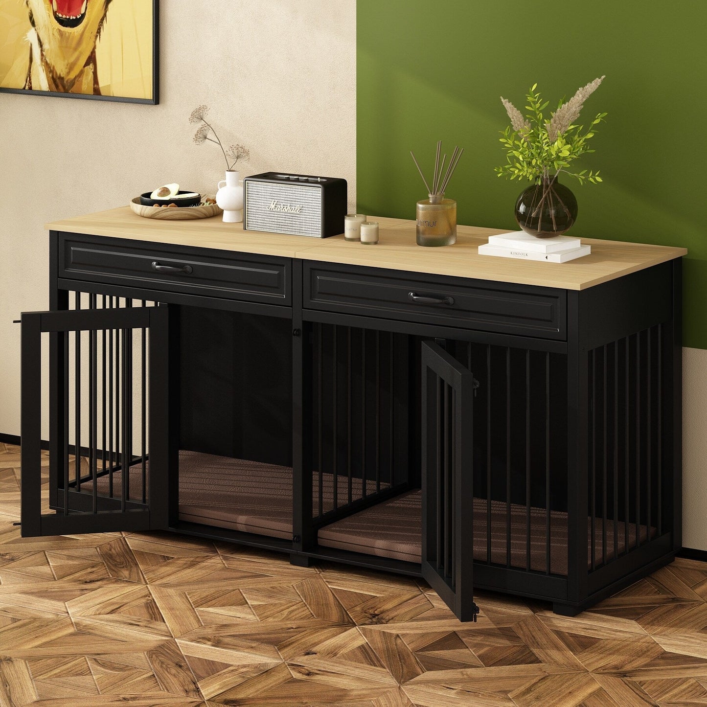 Casetta per cani in legno doppia con mobile contenitore, 2 cassetti e divisorio.