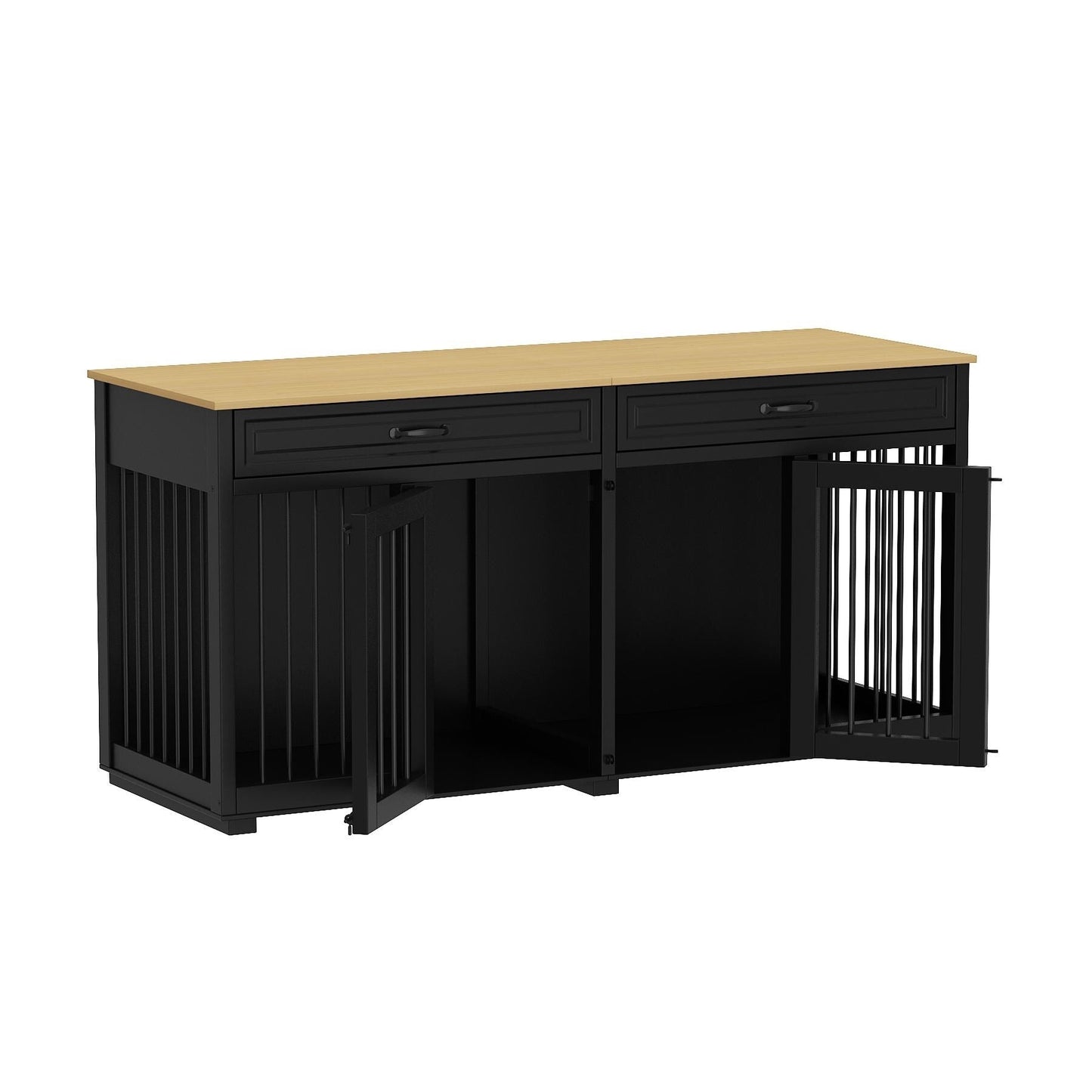 Casetta per cani in legno doppia con mobile contenitore, 2 cassetti e divisorio.