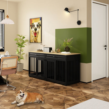 Casetta per cani in legno doppia con mobile contenitore, 2 cassetti e divisorio.