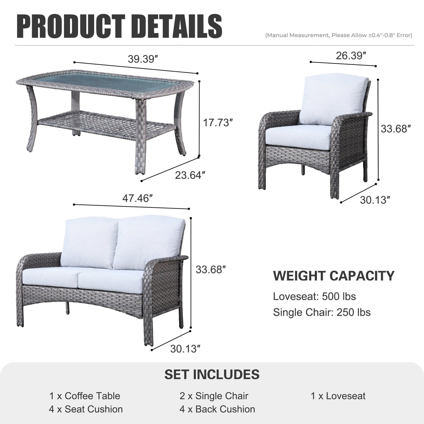 XIZZI Set di mobili da esterno per conversazione da 4 pezzi con tavolo