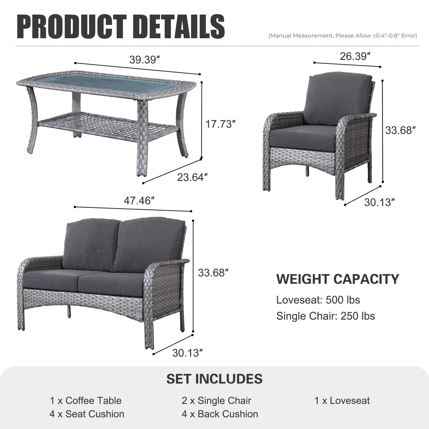 XIZZI Set di mobili da esterno per conversazione da 4 pezzi con tavolo