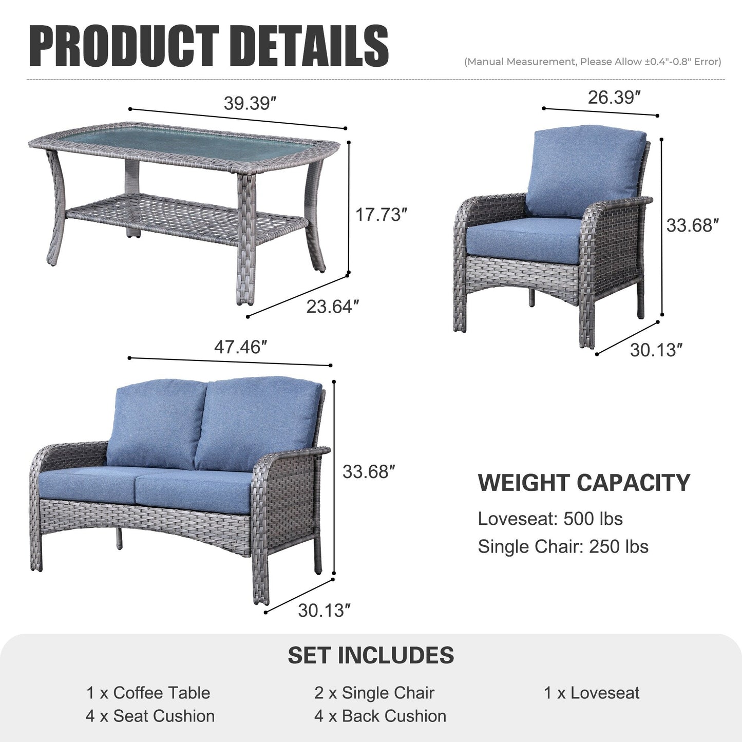 XIZZI Set di mobili da esterno per conversazione da 4 pezzi con tavolo