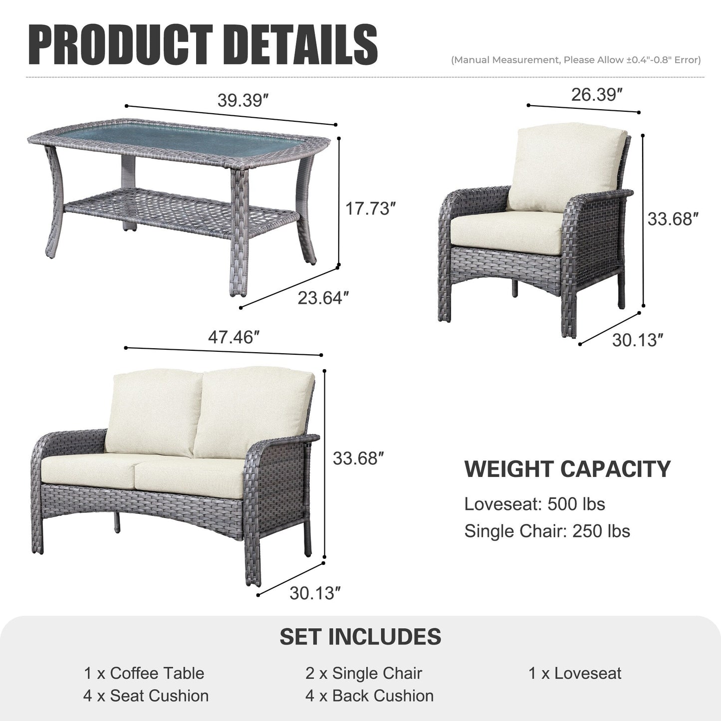 XIZZI Set di mobili da esterno per conversazione da 4 pezzi con tavolo