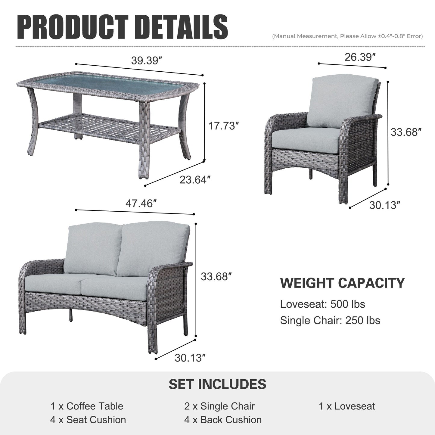 XIZZI Set di mobili da esterno per conversazione da 4 pezzi con tavolo