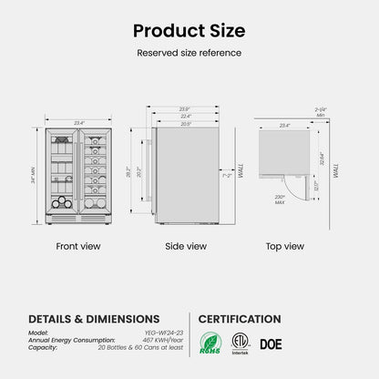 Frigorifero per vino/bevande da 24 pollici, con 20 bottiglie/60 lattine, a DUE ZONE - 24 pollici